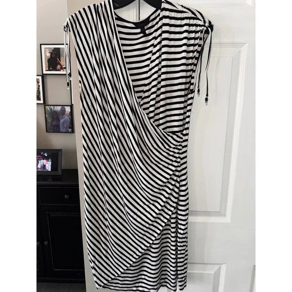 Soma Intimates Black White Stripe Wrap Dress Bamboo Spandex Knit Medium - Picture 3 of 7